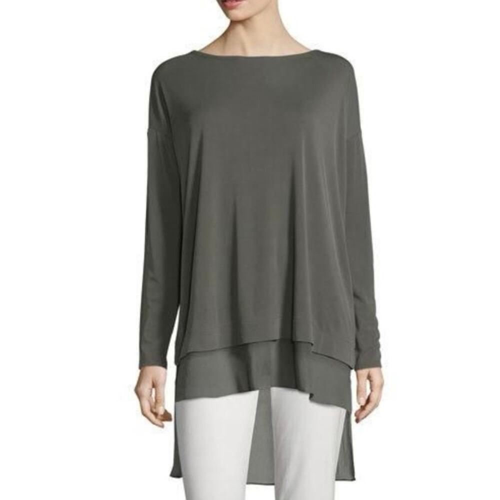 Eileen Fisher 100% Silk Layered Tunic Top Olive Green M/M Minimalist Lagenlook